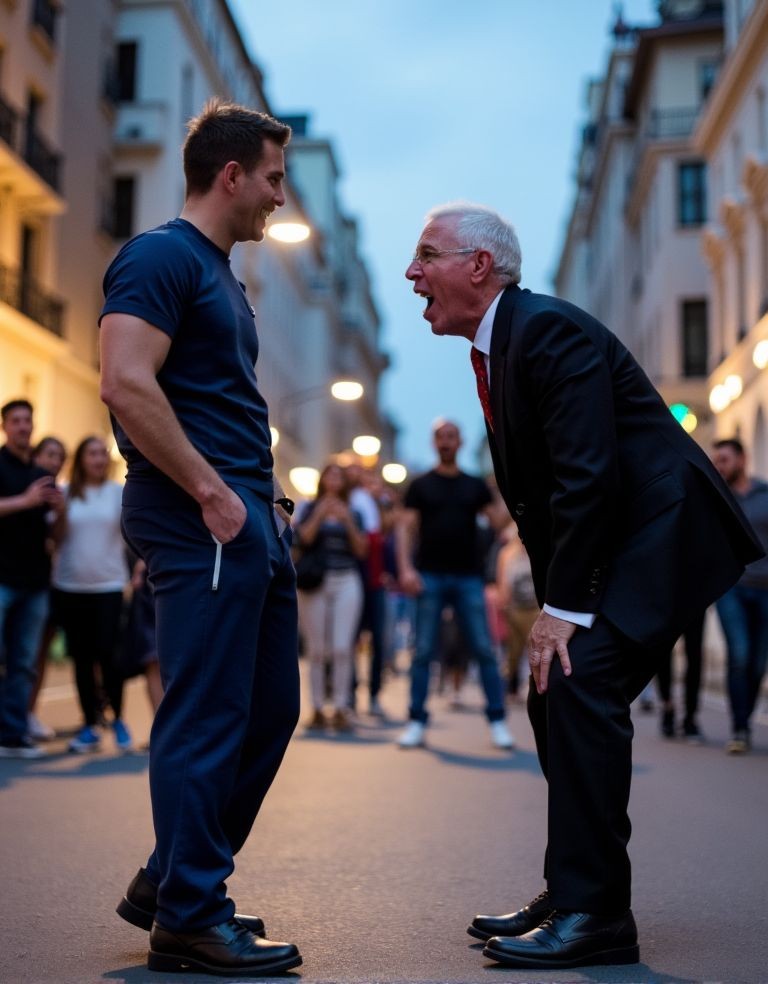 Dos hombres conversan cara a cara en una calle peatonal urbana al anochecer, rodeados de curiosos y edificios altos iluminados por farolas y escaparates. A la izquierda, un hombre joven y alto, con camiseta azul marino ajustada, pantalón deportivo y zapatos oscuros, permanece relajado con una mano en el bolsillo mientras sonríe. Frente a él, un hombre mayor de pelo blanco, vestido con traje negro, camisa blanca y corbata roja, se inclina hacia delante con las manos apoyadas en las rodillas, como si estuviera hablando con entusiasmo o bromeando. El fondo desenfocado muestra transeúntes observando la escena, creando un ambiente de encuentro público, conversación informal y contraste generacional en una calle europea iluminada.