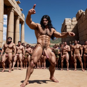 Ejército de Jerjes 1º del imperio persa en el verano del año -480 marcha a pie. Hay dos luchadores que están desnudos con penes grades y testículos grandes y con mucho vello. Están en Helesponto luchando contra el rey Darío desnudo y de gran pene tieso hacia arriba. Delante de de todos está el oráculo de Apolo totalmente desnudo.