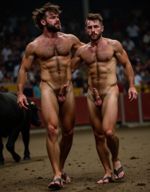 Un torero español musculoso y velludo de 50 años, con torso atlético y marcado, se muestra completamente desnudo, destacando su pene de 30 cm de longitud y 5 cm de grosor, perfectamente formado y rodeado de un denso vello púbico castaño oscuro. Sus testículos, perfectamente formados, cuelgan de forma prominente. La piel bronceada y sudorosa resalta su musculatura definida, con pectorales y abdominales bien marcados y sin grasa. El cabello largo y castaño oscuro está despeinado y sudoroso, con gotas de sudor resbalando por su frente y mejillas. Una barba incipiente y un vello corporal denso que se extiende por su pecho, piernas y brazos completan su apariencia viril. Lleva sandalias marrones en sus pies.

A su lado, un hombre musculoso y velludo de 30 años, completamente desnudo, muestra un pene erecto de 30 cm de longitud y 4 cm de grosor, hermoso y perfecto, rodeado de un denso vello púbico pelirrojo. Su piel bronceada y sudorosa muestra una musculatura definida, con pectorales y abdominales muy marcados. Tiene cabello pelirrojo despeinado y sudoroso. Tiene una barba pelirroja densa pero bien recortada. El vello corporal pelirrojo denso cubre su pecho, y tiene mucho vello pelirrojo en sus piernas y brazos, lo que realza su apariencia masculina y atlética. Están corriendo en la plaza de toros con un toro

Ambos hombres se encuentran en una plaza de toros, con sombras que resaltan su musculatura y vello corporal, creando un ambiente sensual y cargado de tensión. Están en pleno acto de pasión, con sus penes erectos y testículos prominentes ,destacando su musculatura, vello corporal y atributos viriles en una imagen impactante y llena de energía. La escena está llena de sensualidad y poder, con los dos hombres como protagonistas, en un ambiente cargado de pasión y erotismo. La imagen es híper realista, con detalles de alta calidad, y muestra la unión de los dos hombres en un acto de pasión y dominio, con sus cuerpos musculosos y velludos completamente desnudos y visibles, mostrando su excitación y pasión en cada detalle. Tienen sus penes erectos, desde la uretra del glande del pene eyaculan semen blanco lanzado en abundancia.