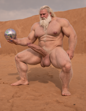 Enrique es un hombre muy delgado de 50 años, tiene cabello largo con canas blancas, tiene barba blanca abundante y larga. Está totalmente desnudo, en su mano izquierda lleva una bola de cristal de mago donde se reflejan caras de hombres desnudos. Tiene un cuerpo muy delgado con músculos marcados y definidos. 💪🏼. Tiene un pene erecto de 36,8 cm de longitud y 7,9 cm de diámetro. Tiene mucho vello corporal blanco en su pecho en sus brazos y en sus piernas. Está en la arena del desierto entre grandes dunas de arena color terracota.

Federico es un hombre delgado de 32 años con una barba rubia abundante , está totalmente desnudo, tiene un cuerpo atlético y vigoroso, tiene mucho vello corporal rubio oscuro que cubre su pecho y también cubre sus brazos y sus piernas, tiene una barba muy poblada de pelo rubio. Federico está en la arena del desierto. Tiene un pene erecto de 35,6 cm de longitud y 8,8 cm de diámetro que sobresale por encima de sus testículos que están a la vista y son muy peludos. Penes están erectos y excitados sexualmente.