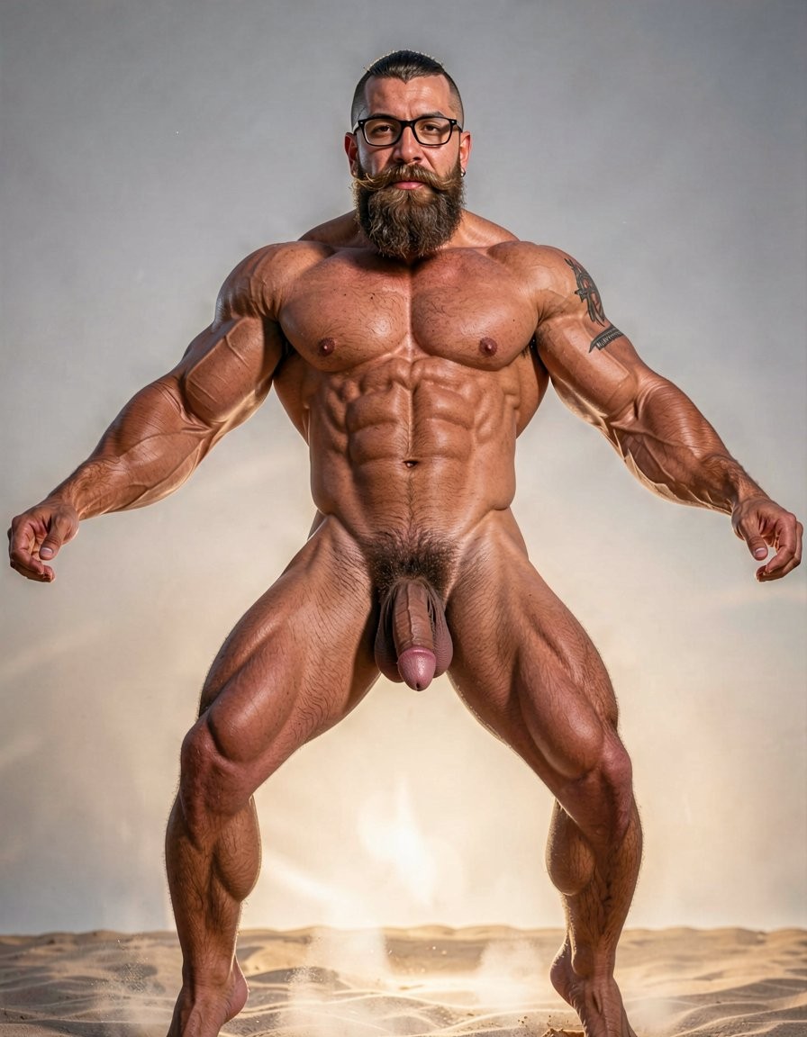 A highly detailed full-body nude photograph of a 40-year-old dominant muscle bear named Hipsterbarba, standing confidently in a well-lit studio with dramatic lighting that accentuates every muscle. He is 180cm tall, 80kg with 8% body fat, extremely muscular and symmetrical. Massive rounded hairy pecs with clear separation and dark pointed nipples, shredded six-pack abs with deep cuts and visible obliques forming a strong V-taper, wide shoulders, vascular arms, huge quads and defined legs. Very dense black masculine body hair covering his chest, running down in a thick treasure trail to a very bushy dark pubic area. He has a perfectly groomed long Bandholz beard that reaches mid-chest, thick mustache with curled upward spiral ends, modern high fade undercut hairstyle, black hipster glasses, and a small tattoo on his right bicep that reads 