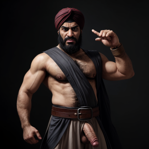Hombre árabe con turbante, cara de odio, barba peluda, pene gigante visible, sujetando un cinturón con la mano, gesto amenazante, ojos desafiantes, ropa tradicional desgarrada, fondo oscuro y sombrío.