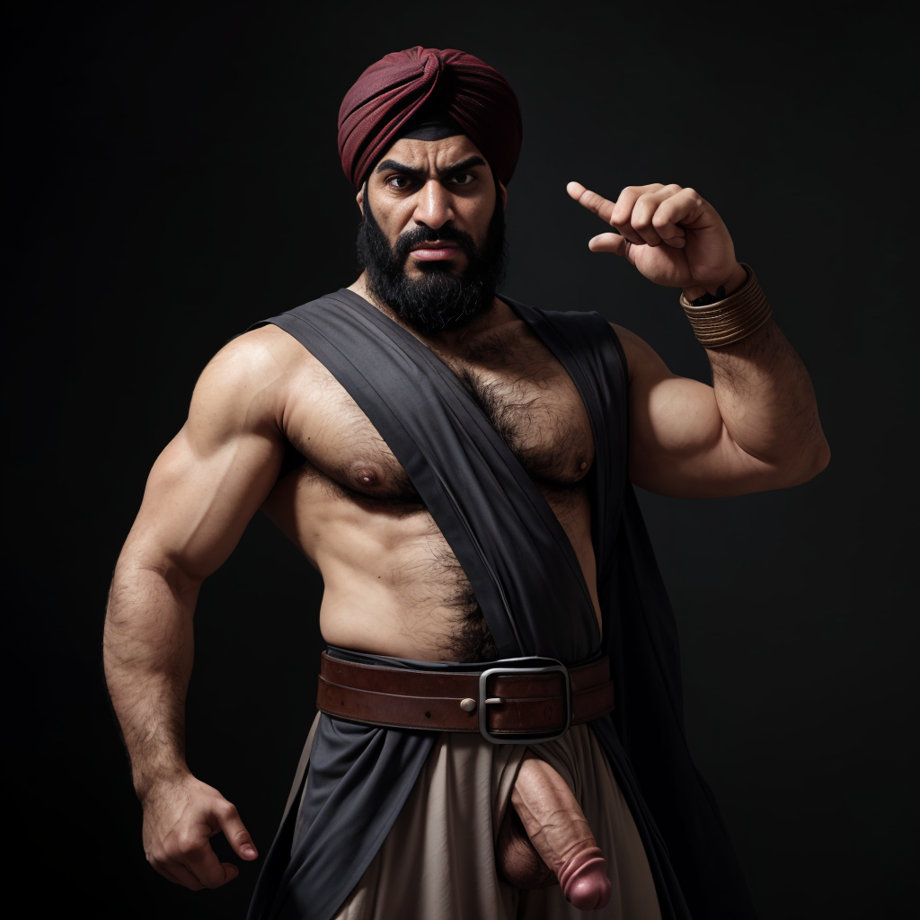 Hombre árabe con turbante, cara de odio, barba peluda, pene gigante visible, sujetando un cinturón con la mano, gesto amenazante, ojos desafiantes, ropa tradicional desgarrada, fondo oscuro y sombrío.