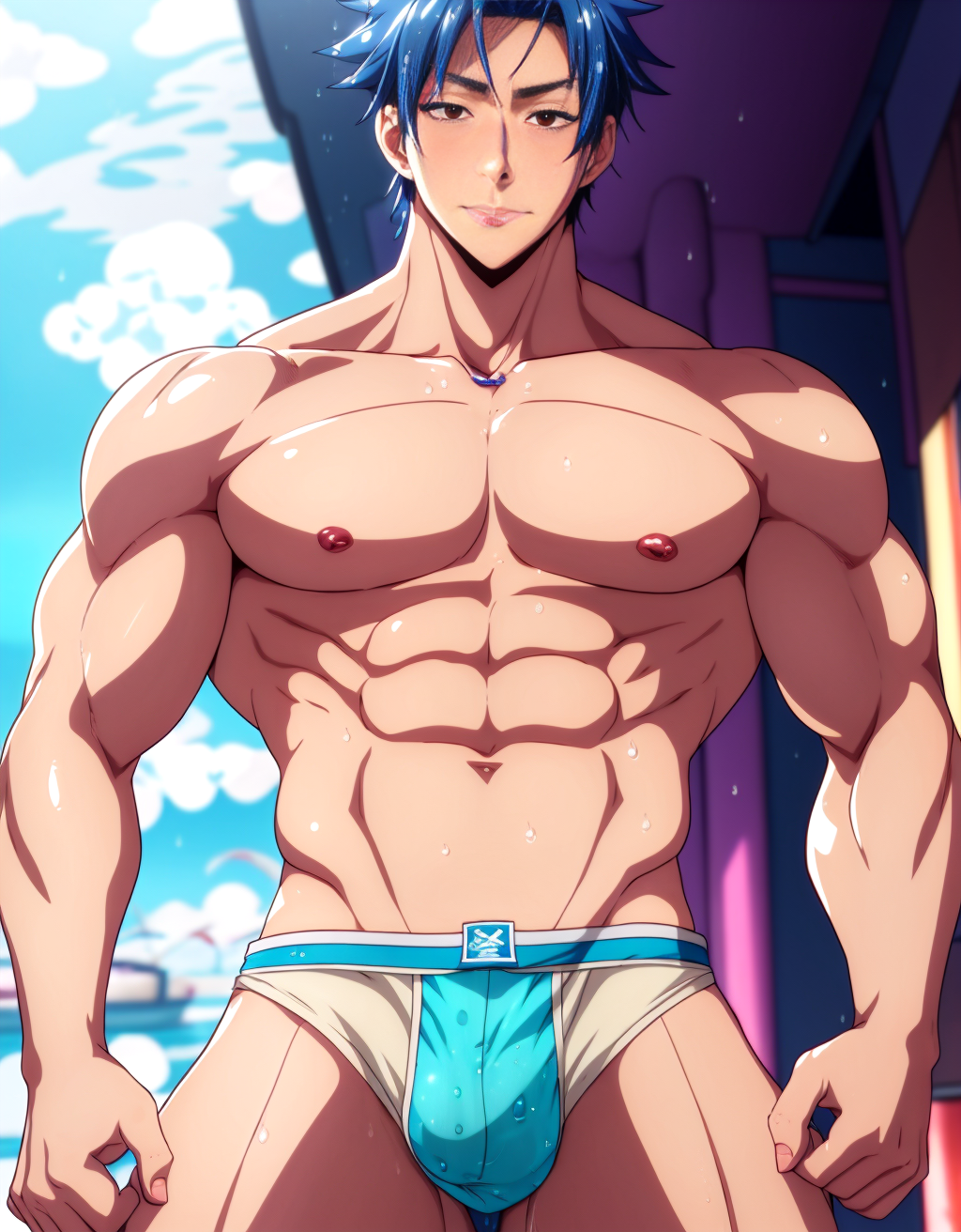 POV: A man stands in front of you, his wet underwear clinging to his body, accentuating the prominent bulge, droplets of water cascading down his toned abdomen, creating a sensual and inviting scene.