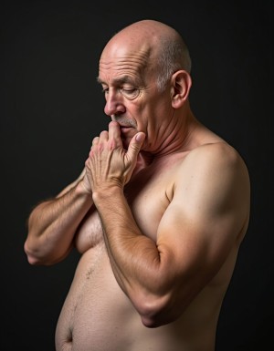 Hombre de 60 años calvo completamente desnudo con el pene erecto masturbandose