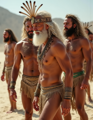 Mariano es un hombre de 50 años, tiene una larga cabellera, tiene barba blanca. Está totalmente desnudo pero lleva un penacho tocado de plumas warbonnet con muchas plumas que llega por la espalda hasta la cintura y el culo. Tiene un cuerpo muy delgado con músculos marcados y definidos. Está desnudo mostrando su pene perfecto. Tiene el pene erecto de 36 cm de longitud y 7 cm de diámetro. Tiene mucho vello corporal blanco por todo su pecho y por sus brazos y por sus piernas. 💪🏼. Es el Rey Gay de todos los hombres 💪🏼 Gay 🌈 totalmente desnudos 😊 y empalmados 😋 que están en el fondo, fondo de cinco hombres 👨🏼‍🦱👨🏼‍🦰👱🏽‍♂️👨🏽‍🦲🧔🏽con cabellos largos y salvajes, están sobre la arena del desierto Almeriense y están muy cerca de Mariano y tocan el culo de Mariano con sus manos, todos están enamorados de Mariano. Mariano tiene sandalias de piel tipo wrap (sandalias de tiras, romanas envolventes, las tiras están desde los laterales del empeine y se cruzan sobre el pie.) con tiras de cuero vacuno grueso y rígido y largas para sujetar el pie y subir por la pierna. Todos los hombres del fondo 👨🏼‍🦱👨🏼‍🦰👱🏽‍♂️👨🏽‍🦲🧔🏽llevan sandalias de piel tipo wrap (sandalias de tiras, romanas envolventes, las tiras están desde los laterales del empeine y se cruzan sobre el pie.) con tiras de cuero vacuno grueso y rígido largas para sujetar el pie y subir por la pierna. Está totalmente desnudo y tiene su pene a la vista. Está sobre la arena del desierto Almeriense entre barrancos maravillosos. Los penes de todos los personajes están erectos y excitados sexualmente. Todos los hombres se acercan a Mariano a tocar su culo y tocar con la mano su pene erecto. Los cinco hombres miran a Mariano con amor y deseo sexual, están junto a Mariano teniendo sexso anal