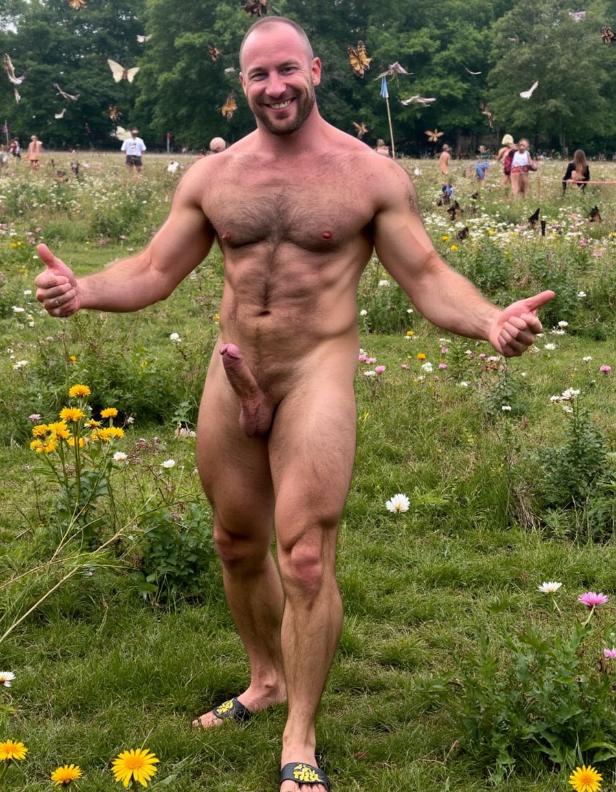 hombre culturista de 35 años posando desnudo de cuerpo completo, sonriente, tensa los bíceps, tiene un pene de 40 cm de longitud y 7 cm de diámetro. Está delgado y tiene dorsales muy desarrollados, piernas musculosas, tiene cintura estrecha, es un poco calvo, tiene grandes pezones rosas. Tiene un pene de 40 cm de longitud y 7 cm de diámetro. Tiene mucho vello en pecho y brazos y piernas. Tiene testículos de 10 cm de diámetro que están colgando y se mueven al compás de los movimientos del cuerpo. Fondo de muchas margaritas de todos los colores y miles de mariposas volando. Tiene el cuerpo bronceado por el Sol. Tiene el ano relajado y abierto y a la vista del espectador. Por su pene erecto. Con su mano derecha rodea su pene por su perímetro acariciando el pene con suavidad. Tiene un gran pene erecto. Tiene piercings de pezón en los pezones.  (respeta la forma y la proporción del cuerpo y sé fiel a la forma real del cuerpos sin distorsiones) (+10) Tiene sandalias en sus pies.