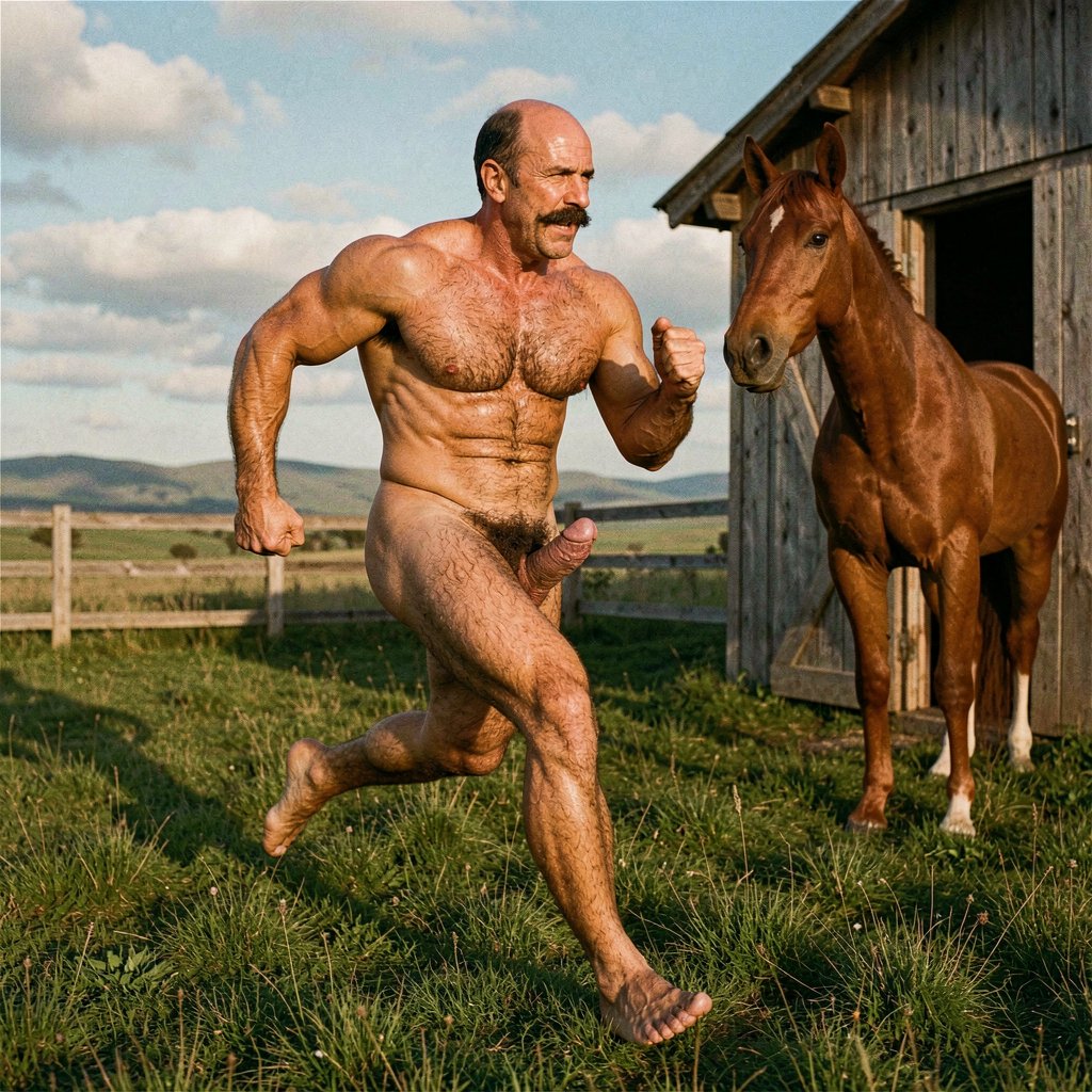A 32-year-old powerfully built man named Mike Morris runs naked and barefoot across a sunlit green meadow, heading toward a large chestnut horse standing near the weathered wooden stable. His entire body is in full athletic motion — his thickly muscled legs pump powerfully with each stride, thighs and calves flexing with dark brown body hair rippling in the sunlight, his heavy testicles swinging freely between his moving legs, his fully erect 24 cm cock bouncing and bobbing with each vigorous step, its 18 cm perimeter thick and prominent, veins visible, pinkish-red glans fully exposed, the pale skin of his shaft contrasting against his bronze tanned body and the extremely dense dark curly pubic bush around its base. Both arms pump at his sides, biceps and triceps visibly tensed with each movement, veins standing out on his forearms. His square elongated angular face is caught mid-run, strong jaw set, prominent cheekbones, wide high forehead with deep horizontal wrinkles gleaming with a light sheen of sweat, advanced Norwood III-IV balding with very short dark brown hair only on sides and back, thick dark brown handlebar moustache, his expression intense and focused as he sprints. His thick veined neck and massive trapezius muscles lead into a broad back and wide shoulders, his dense dark body hair covering pectorals and abdomen glistening under the golden afternoon sun. The chestnut horse stands alert beside the stable, ears forward, its rich brown coat gleaming. Deep green grass, a wooden fence, distant rolling hills, and a soft blue sky with scattered white clouds frame the background. Golden afternoon sunlight catches every muscle and hair on Mike's running body, casting a long shadow behind him across the meadow. Ultra high definition 8K, authentic 1970s film grain, warm amber color palette, classic Colt Studio vintage erotic photography style.