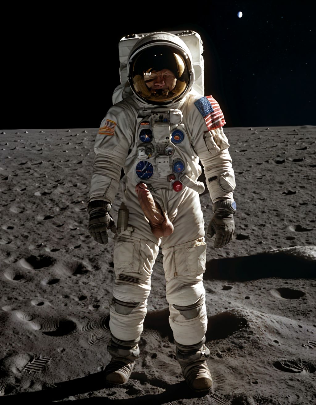 Neil Armstrong desnudo totalmente desnudo. Tiene el pecho con vello y brazos con vello. Está totalmente desnudo de pie y pisando el suelo Lunar. Está musculoso. Tiene pene grande erecto. Tiene testículos grandes. Tiene mucho vello y pelo. Foto muy realista texturas 8k. Está de pie en la Luna rodeado de arena y de la nave espacial Apolo11.
