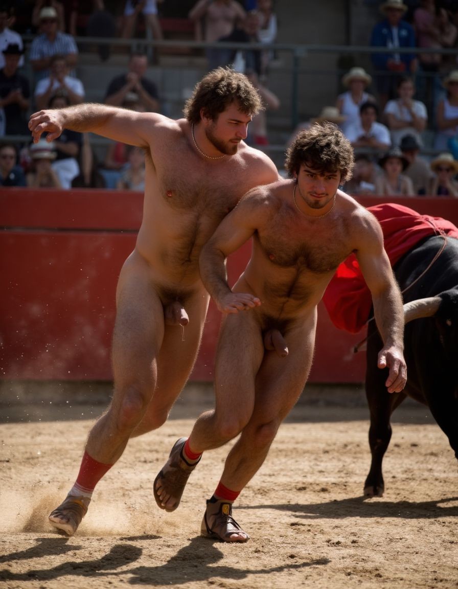 Un torero español musculoso y velludo de 50 años, con torso atlético y marcado, se muestra completamente desnudo, destacando su pene de 30 cm de longitud y 5 cm de grosor, perfectamente formado y rodeado de un denso vello púbico castaño oscuro. Sus testículos, perfectamente formados, cuelgan de forma prominente. La piel bronceada y sudorosa resalta su musculatura definida, con pectorales y abdominales bien marcados y sin grasa. El cabello largo y castaño oscuro está despeinado y sudoroso, con gotas de sudor resbalando por su frente y mejillas. Una barba incipiente y un vello corporal denso que se extiende por su pecho, piernas y brazos completan su apariencia viril. Lleva sandalias marrones en sus pies.

A su lado, un hombre musculoso y velludo de 30 años, completamente desnudo, muestra un pene erecto de 30 cm de longitud y 4 cm de grosor, hermoso y perfecto, rodeado de un denso vello púbico pelirrojo. Su piel bronceada y sudorosa muestra una musculatura definida, con pectorales y abdominales muy marcados. Tiene cabello pelirrojo despeinado y sudoroso. Tiene una barba pelirroja densa pero bien recortada. El vello corporal pelirrojo denso cubre su pecho, y tiene mucho vello pelirrojo en sus piernas y brazos, lo que realza su apariencia masculina y atlética. Están corriendo en la plaza de toros con un toro

Ambos hombres se encuentran en una plaza de toros, con sombras que resaltan su musculatura y vello corporal, creando un ambiente sensual y cargado de tensión. Están en pleno acto de pasión, con sus penes erectos y testículos prominentes ,destacando su musculatura, vello corporal y atributos viriles en una imagen impactante y llena de energía. La escena está llena de sensualidad y poder, con los dos hombres como protagonistas, en un ambiente cargado de pasión y erotismo. La imagen es híper realista, con detalles de alta calidad, y muestra la unión de los dos hombres en un acto de pasión y dominio, con sus cuerpos musculosos y velludos completamente desnudos y visibles, mostrando su excitación y pasión en cada detalle. Tienen sus penes erectos, desde la uretra del glande del pene eyaculan semen blanco lanzado en abundancia. Están totalmente desnudos. Tiene un pene de 30 cm de longitud y 5 cm de diámetro.