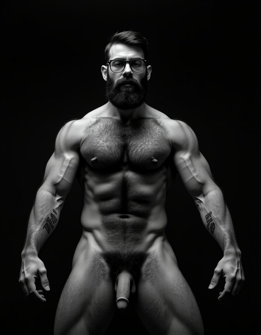 Fotografía hiperrealista en blanco y negro de un hombre adulto musculoso a la vista desde las rodillas para arriba hasta la cabeza, cuerpo muy delgado con musculación marcada y definida, rostro masculino, totalmente desnudo con polla erecta de treinta centímetros de longitud y ocho centímetros de diámetro, tiene rasgos marcados duros expresivos, barba densa poblada tupida oscura estilo hipster cubriendo completamente mandíbula mentón mejillas con grosor uniforme textura abundante muy definida, bigote denso tupido oscuro conectado perfectamente con la barba completa cubriendo completamente el labio superior, pelo oscuro medio peinado completamente recto hacia arriba con volumen considerable estilo hipster moderno quiff puntas verticales texturizadas hacia el cielo con altura prominente, cejas gruesas oscuras pobladas muy marcadas definidas, gafas de montura completa negra cuadradas grandes estilo hipster moderno sobre el puente de la nariz enmarcando unos ojos oscuros intensos que miran directamente a cámara con expresión seria penetrante confiada, expresión facial seria masculina sin sonrisa con mirada directa desafiante, pómulos marcados definidos angulares, nariz recta proporcionada, labios medios apenas visibles completamente cubiertos por bigote denso que conecta con la barba hipster completa, torso desnudo muy musculoso con pectorales enormes desarrollados y definidos, hombros anchos musculosos deltoide prominentes, brazos musculosos gruesos con bíceps y tríceps marcados visibles a ambos lados del cuerpo, abdomen tonificado marcado visible desde la cintura, piel con textura realista detallada poros imperfecciones sutiles, vello corporal denso oscuro abundante cubriendo pectorales abdomen brazos hombros con textura natural masculina muy visible, tatuaje en tinta negra en el bíceps del brazo derecho con la palabra exacta 