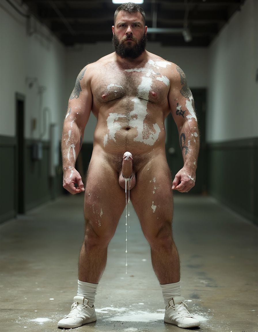 Full body shot of massive muscular bearded military soldier standing at rigid military attention completely naked, entire body covered in thick white cum and semen, layers of fresh ejaculate coating face thick black beard chest and torso, white cum dripping down hairy muscular pecs and abs, soldier staring straight ahead with intense serious expression eyes forward not blinking, jaw clenched, every single muscle in body maximally flexed and tensed showing extreme definition, huge arms at sides biceps triceps forearms all bulging and straining, massive pecs and shoulders pumped, eight pack abs contracted hard, thick muscular legs together in perfect attention stance, soldier's huge erect cock rock hard pointing straight up against cum-covered abs still dripping white semen from tip, fresh cum running down shaft, heavy balls, thick body hair on chest stomach and legs all matted with layers of white ejaculate, cum glistening on tanned skin, military buzz cut, veins popping across entire flexed body, perfect military posture standing on concrete floor, photorealistic extreme detail of cum-covered soldier at attention with dripping erection, dramatic lighting, military barracks background