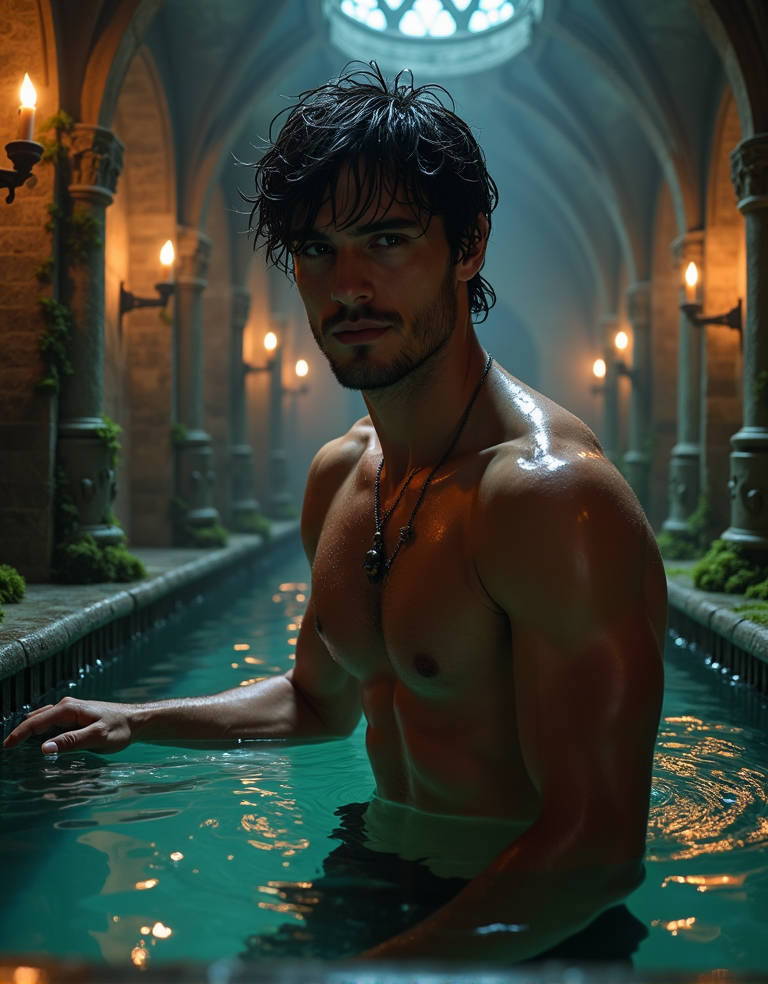 Hombre extremadamente atractivo y sensual, con músculos bien definidos, en una piscina oscura y misteriosa ubicada en el centro de una mazmorra gótica, con arcos y columnas de piedra cubiertas de hiedra y musgo, iluminada solo por velas y antorchas que proyectan sombras inquietantes en las paredes, el hombre está parcialmente sumergido en el agua, con su torso desnudo y su piel brillando con gotas de agua, su cabello oscuro y despeinado, su mirada intensa y seductora, mientras se apoya en el borde de la piscina, con una sonrisa enigmática en su rostro, rodeado de un ambiente de misterio y pasión, con detalles de arquitectura gótica como cruces, calaveras y otros elementos macabros, en un estilo de arte oscuro y sensual, con texturas y sombras realistas, y un enfoque en la desnudez y la sensualidad del hombre.