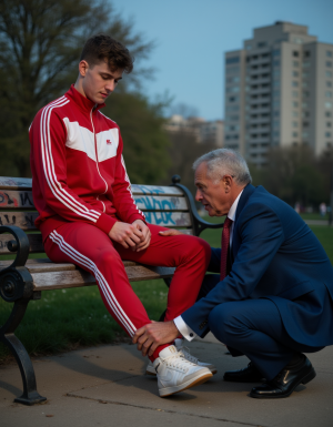 In an urban park at dusk, a young tracksuit lad, red and white tracksuit, Nike sneakers, sits sprawled on a graffiti-covered bench, legs spread wide apart. He commands with his body language while an older executive in a blue suit and expensive Oxford shoes kneels at his feet, forced to polish the dirty Nike sneaker with his expensive silk tie, fighting to hold his pride as passersby glance their way.