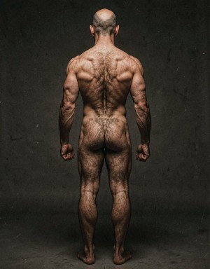 Mike Morris, a 32-year-old extremely lean Caucasian male at only 8% body fat, stands completely naked in a strict military attention pose seen from directly behind in a full posterior view. His back is perfectly straight, shoulders pulled back, arms rigid at his sides with fists clenched, legs straight and together, head held high. The shot captures him from the heels of his feet all the way up to the top of his bald head. His advanced Norwood III-IV baldness is clearly visible from behind, with a smooth tanned scalp on the crown and short dense dark brown hair only on the sides and lower back of the head. His back is highly defined and vascular: wide lats tapering dramatically to a very narrow, tight waist, thick trapezius muscles, and dense dark brown body hair lightly covering the shoulders and becoming much thicker and denser across the lower back and lumbar area, especially between the lats. His ass is tight, muscular and round with almost no fat, the glutes clearly separated. Thick dark hair continues down onto his powerful diamond-shaped calves and the backs of his slightly hairy feet. Dramatic directional studio lighting from above and slightly to the side creates strong highlights on his dry, shredded skin and deep shadows that accentuate every muscle fiber, the texture of his dense back hair, and the extreme vascularity and definition of his 8% body fat physique. Photorealistic, high-contrast, masculine 1970s Colt Studio aesthetic, grainy film texture, commanding and powerful presence.