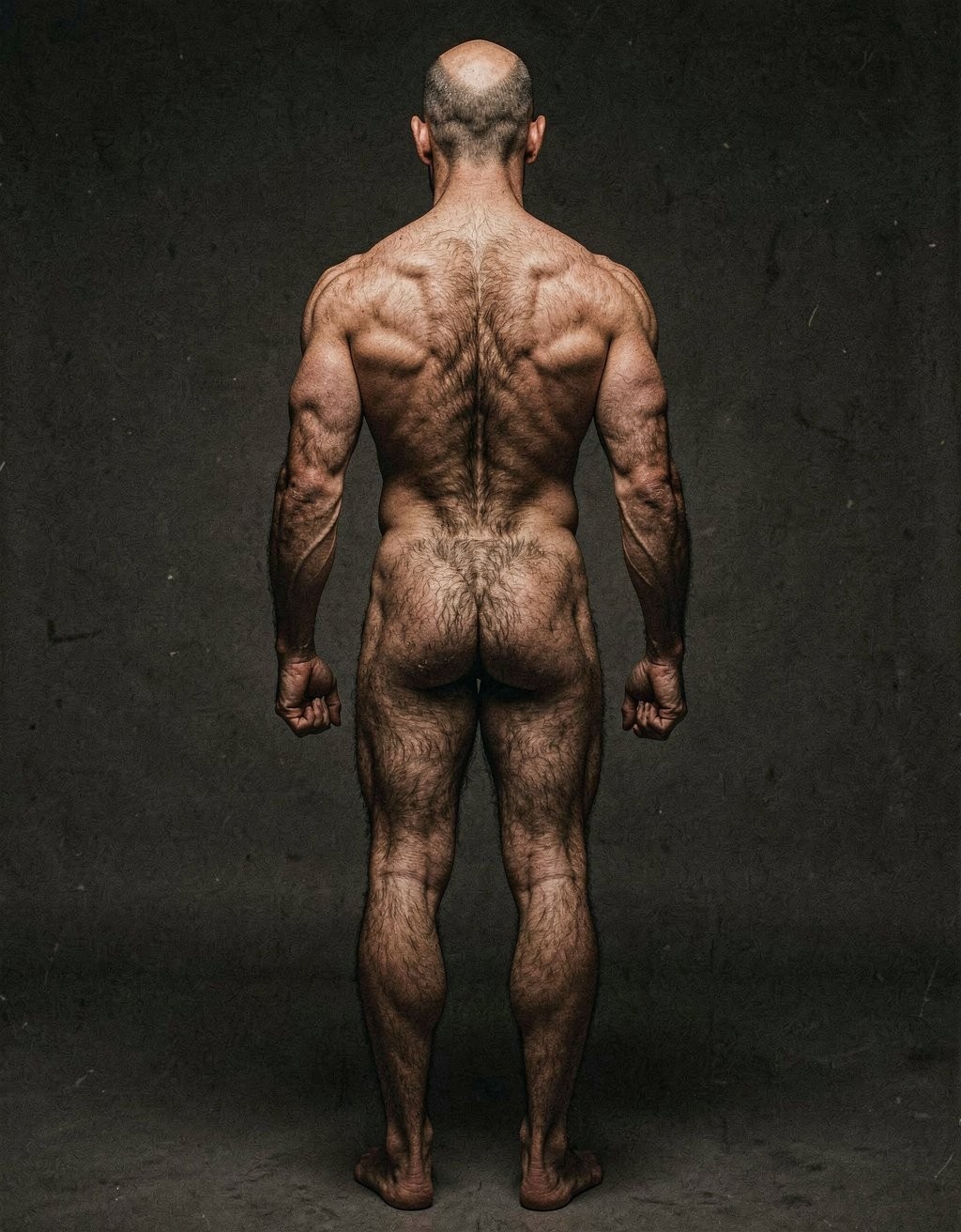 Mike Morris, a 32-year-old extremely lean Caucasian male at only 8% body fat, stands completely naked in a strict military attention pose seen from directly behind in a full posterior view. His back is perfectly straight, shoulders pulled back, arms rigid at his sides with fists clenched, legs straight and together, head held high. The shot captures him from the heels of his feet all the way up to the top of his bald head. His advanced Norwood III-IV baldness is clearly visible from behind, with a smooth tanned scalp on the crown and short dense dark brown hair only on the sides and lower back of the head. His back is highly defined and vascular: wide lats tapering dramatically to a very narrow, tight waist, thick trapezius muscles, and dense dark brown body hair lightly covering the shoulders and becoming much thicker and denser across the lower back and lumbar area, especially between the lats. His ass is tight, muscular and round with almost no fat, the glutes clearly separated. Thick dark hair continues down onto his powerful diamond-shaped calves and the backs of his slightly hairy feet. Dramatic directional studio lighting from above and slightly to the side creates strong highlights on his dry, shredded skin and deep shadows that accentuate every muscle fiber, the texture of his dense back hair, and the extreme vascularity and definition of his 8% body fat physique. Photorealistic, high-contrast, masculine 1970s Colt Studio aesthetic, grainy film texture, commanding and powerful presence.