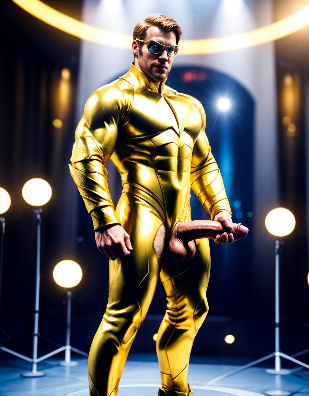  Booster Gold. Tiene el pene grande de donde sale mucho semen líquido blanco. Tiene los testículos grandes y peludos. Está de cuerpo entero y de pie.