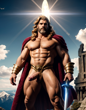 Júpiter es el principal dios romano, está en el Monte del Olimpio. Tiene pene grande y largo. Tiene sandalias blancas. Tiene mucho vello. Tiene una espada en la mano derecha.
