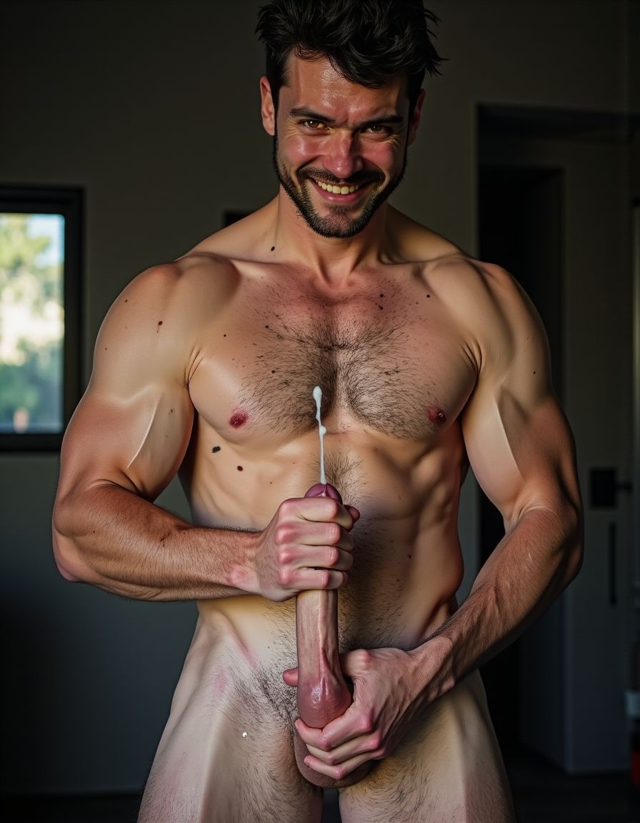 hoyuelo en barbilla, mentón hendido, el mentón está limpio y bien afeitado, NO BARBA y NO BIGOTE, de una cara masculina de un hombre muy viril y musculoso y guapo y sexi de 40 años que tiene mandíbula fuerte y cuadrada, destacando una fisura vertical marcada en el centro del mentón que es el hoyuelo. La cara es de un hombre español musculoso culturista, torso desnudo, constitución corporal extremadamente desarrollada escultural, boca cerrada en sonrisa torcida arrogante burlona, labios carnosos, ojos verdes claro profundos con mirada penetrante directa a cámara cargada de cinismo y dominancia, cejas pobladas densas, cabello denso despeinado hacia atrás en copete desordenado con mechones rebeldes cayendo sobre frente y sienes mostrando textura natural sin producto, cuello musculoso con nuez prominente visible, trapecios enormes elevados como montañas a ambos lados del cuello, pecho descomunal con pectorales gigantescos separados con hendidura profunda central cada fibra muscular visible bajo piel bronceada cubiertos completamente por alfombra densa de vello negro formando manto tupido salvaje sobre toda la superficie con pezones oscuros erectos asomando entre pelaje espeso, abdomen perfectamente esculpido en tableta de ocho secciones profundas con sombras dramáticas entre cada músculo, oblicuos cortados laterales, línea de vello negro denso descendiendo desde centro del pecho entre pectorales por esternón sobre cada abdominal hasta ombligo donde se ensancha formando trail oscuro salvaje continuando descendiendo, brazos con bíceps de gran tamaño con cabezas musculares divididas y venas gruesas azules serpenteando por toda superficie, tríceps marcados en herradura, deltoides esféricos estriados, antebrazos masivos cubiertos de vello negro denso con venas prominentes bajando hasta muñecas, dorsales anchos como alas creando V invertida brutal, piel clara ligeramente bronceada con poros visibles micro imperfecciones naturales lunares y marcas sutiles, vello corporal negro abundante cubriendo completamente pecho abdomen brazos antebrazos cuello en densidad natural masculina sin recortar, iluminación natural lateral dramática creando sombras duras acentuando cada músculo, fondo neutro desenfocado, estilo fotografía editorial cruda realista, grano fotográfico sutil, colores naturales intensos saturados. Está totalmente desnudo. Tiene un  pene erecto enorme de 35 centímetros de largo y muy grueso apuntando hacia arriba entre su cuerpo, venas gruesas pulsantes marcadas recorriendo todo el tronco de su pene, glande hinchado enorme brillante de color rojo púrpura, testículos extremadamente grandes gordos y pesados colgando muy abajo descolgados entre las piernas con piel arrugada tensa bajo el peso, el pene eyaculando activamente múltiples chorros gruesos abundantes de semen blanco espeso disparándose de la punta con fuerza, semen resbalando copiosamente por el glande y tronco formando hilos blancos espesos, gotas gruesas de semen cayendo entre su cuerpo. Tiene anillo de plata en el dedo hallux (primer dedo del pie) de sus pies. Crea imagen del personaje descrito de cuerpo entero desde los dedos de sus pies hasta su cabeza, todo el cuerpo desnudo a la vista de la cámara. Tiene sandalias en sus pies. Fotografía hiperrealista de ultra alta definición 8K plano lateral del cuerpo completo.