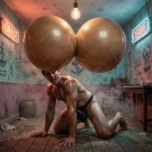 Un hombre desnudo y musculoso aparece a cuatro patas sobre un suelo de madera en una habitación deteriorada, con el cuerpo sudoroso, expresión tensa y unas nalgas enormes y exageradamente infladas que ocupan gran parte de la escena. La iluminación dramática combina un neón rojo “TOILETS” a la izquierda y un neón azul “CEANIE” a la derecha, además de una bombilla desnuda colgando del techo. Las paredes sucias están cubiertas de grafitis, manchas y dibujos, con humo o vapor cerca del suelo, una mesa vieja con objetos de laboratorio y un ambiente decadente de baño público o cuarto clandestino. Entre sus piernas se intuye el pene y el escroto, reforzando el carácter explícito y surrealista de la composición.