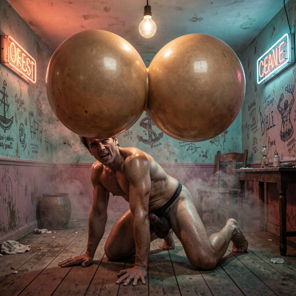 Un hombre desnudo y musculoso aparece a cuatro patas sobre un suelo de madera en una habitación deteriorada, con el cuerpo sudoroso, expresión tensa y unas nalgas enormes y exageradamente infladas que ocupan gran parte de la escena. La iluminación dramática combina un neón rojo “TOILETS” a la izquierda y un neón azul “CEANIE” a la derecha, además de una bombilla desnuda colgando del techo. Las paredes sucias están cubiertas de grafitis, manchas y dibujos, con humo o vapor cerca del suelo, una mesa vieja con objetos de laboratorio y un ambiente decadente de baño público o cuarto clandestino. Entre sus piernas se intuye el pene y el escroto, reforzando el carácter explícito y surrealista de la composición.