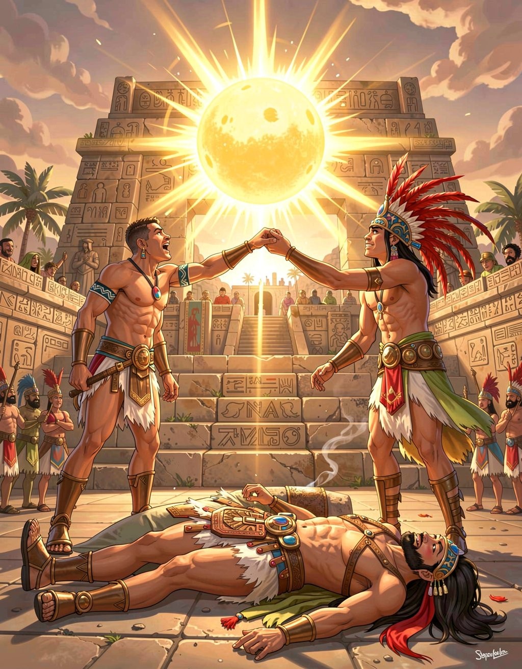 Two half-naked Mesoamerican warriors, adorned with bracelets, necklaces, ceremonial loincloths, and feathered headdresses, seal a solemn gesture before an enormous radiant sun dominating the sky above a stepped pyramid covered in glyphs. The scene has an Aztec or Mayan ritual air, with priests and guards watching from the stairways and carved stone walls. In the foreground lies a motionless man on the pavement, bare-chested, with blood on his abdomen and a ceremonial knife nearby, suggesting a recent sacrifice. The composition blends pre-Hispanic architecture, solar symbolism, smoke, red feathers, golden ornaments, and an epic atmosphere of power, victory, and sacred ceremony.