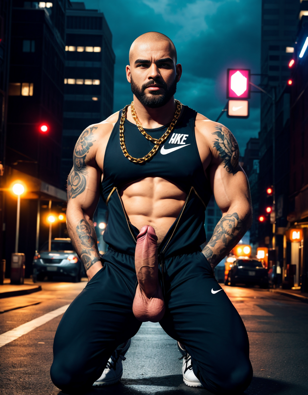 Hombre de 25 años, cuerpo atlético, rasgos duros y actitud desafiante, chandal deportivo ajustado, pene grande y largo, rapado, barba de dos días, zapatos Nike llamativos, tatuajes visibles en los antebrazos y el cuello, cadena gruesa de oro, calle de ciudad de fondo, de pie con postura dominante, expresión chulesca. Un hombre mayor de traje ejecutivo y zapatos, arrodillado a sus pies, pene erecto, testículos grandes, mirada de sumisión, frente tocando el pene del joven. Diferencia clara de estatus y poder, iluminación urbana nocturna, contraste fuerte de vestimenta y actitud, detalle en los rostros y gestos, composición vertical impactante.