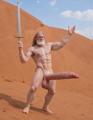 Enrique es un hombre muy delgado de 50 años, tiene cabello largo con canas blancas, tiene barba blanca abundante y larga. Está totalmente desnudo, en sus manos lleva una espada de oro alzada hacia el cielo. Tiene un cuerpo muy delgado con músculos marcados y definidos. 💪🏼. Tiene un pene erecto de 36,8 cm de longitud y 7,9 cm de diámetro. Tiene mucho vello corporal blanco que cubre su pecho brazos y piernas. Está en la arena del desierto entre grandes dunas de arena color terracota.

Federico es un hombre delgado de 32 años con una barba rubia oscura abundante , está totalmente desnudo, tiene un cuerpo atlético y vigoroso, tiene mucho vello corporal rubio oscuro que cubre su pecho y también sus brazos y sus piernas, tiene una barba muy poblada de pelo rubio oscuro. Federico está en la arena del desierto. Tiene un pene erecto de 35,5 cm de longitud y 8,8 cm de diámetro que sobresale por encima de sus testículos que están a la vista y son muy peludos. Penes están erectos y excitados sexualmente.