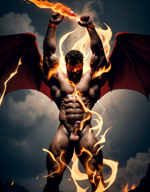 Cneo Pompeyo Magno desnudo con pene grande y testículos grandes peludos. Dobla el brazo derecho para enseñar los bíceps del brazo derecho con gran orgullo. Tiene mucho vello por todo el cuerpo. Está bronceado. Tiene corona de oro. Tiene alas de diablo negras y rojas oscuro. Los brazos están hacia arriba implorando rayos y fuego. Tiene un chorro de fuego en el pene erecto que sale a chorros rojos hacia arriba de su pene erecto tieso hacia arriba. Sus ojos son grandes y rojos. Está alumbrado con mucha luz blanca y roja por todo el cuerpo. Está rodeado de llamas y humo. Tiene cara fuerte con aspecto de malvado y con barba muy grande. Tiene sandalias negras en los pies. Está delgado.