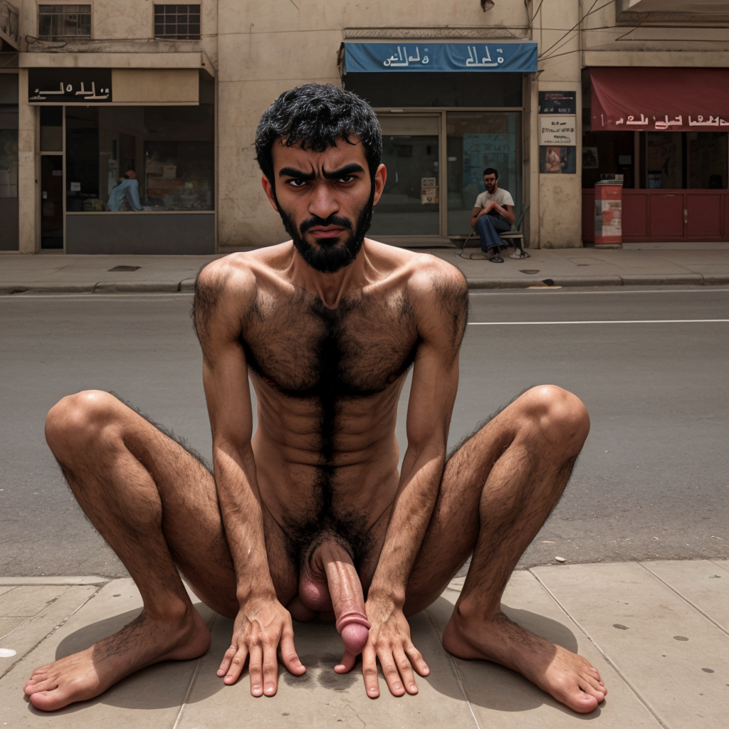 Joven árabe vagabundo  masculino, muy delgado cara de enfado y velludo. Está sentado en la calle, meando con su gran pene.