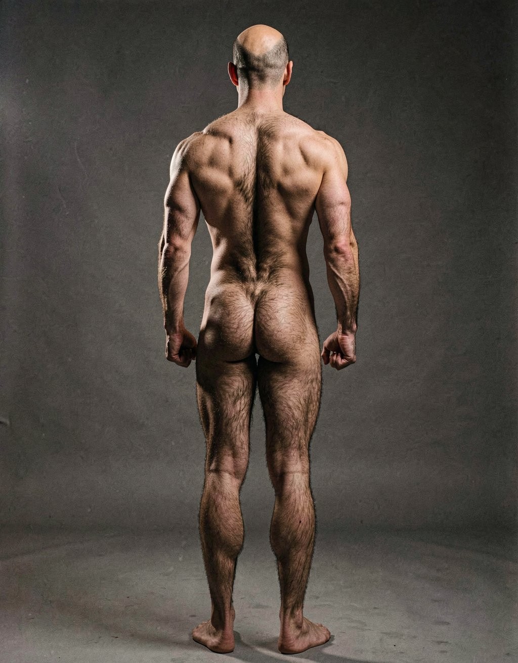 Mike Morris, a 32-year-old extremely lean Caucasian male at only 8% body fat, stands completely naked in a strict military attention pose seen from directly behind in a full posterior view. His back is perfectly straight, shoulders pulled back, arms rigid at his sides with fists clenched, legs straight and together, head held high. The shot captures him from the heels of his feet all the way up to the top of his bald head. His advanced Norwood III-IV baldness is clearly visible from behind, with a smooth tanned scalp on the crown and short dense dark brown hair only on the sides and lower back of the head. His back is highly defined and vascular: wide lats tapering dramatically to a very narrow, tight waist, thick trapezius muscles, and dense dark brown body hair lightly covering the shoulders and becoming much thicker and denser across the lower back and lumbar area, especially between the lats. His ass is tight, muscular and round with almost no fat, the glutes clearly separated. Thick dark hair continues down onto his powerful diamond-shaped calves and the backs of his slightly hairy feet. Dramatic directional studio lighting from above and slightly to the side creates strong highlights on his dry, shredded skin and deep shadows that accentuate every muscle fiber, the texture of his dense back hair, and the extreme vascularity and definition of his 8% body fat physique. Photorealistic, high-contrast, masculine 1970s Colt Studio aesthetic, grainy film texture, commanding and powerful presence.