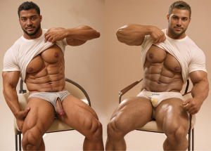 Dibujo realista blanco y negro. Un mulato y un blanco posan sentados en ropa interior, se levantan la camiseta blanca para enseñar el torso, penes visibles y calzoncillos rotos y sucios, fondo neutro, musculados, mirada viciosa. 