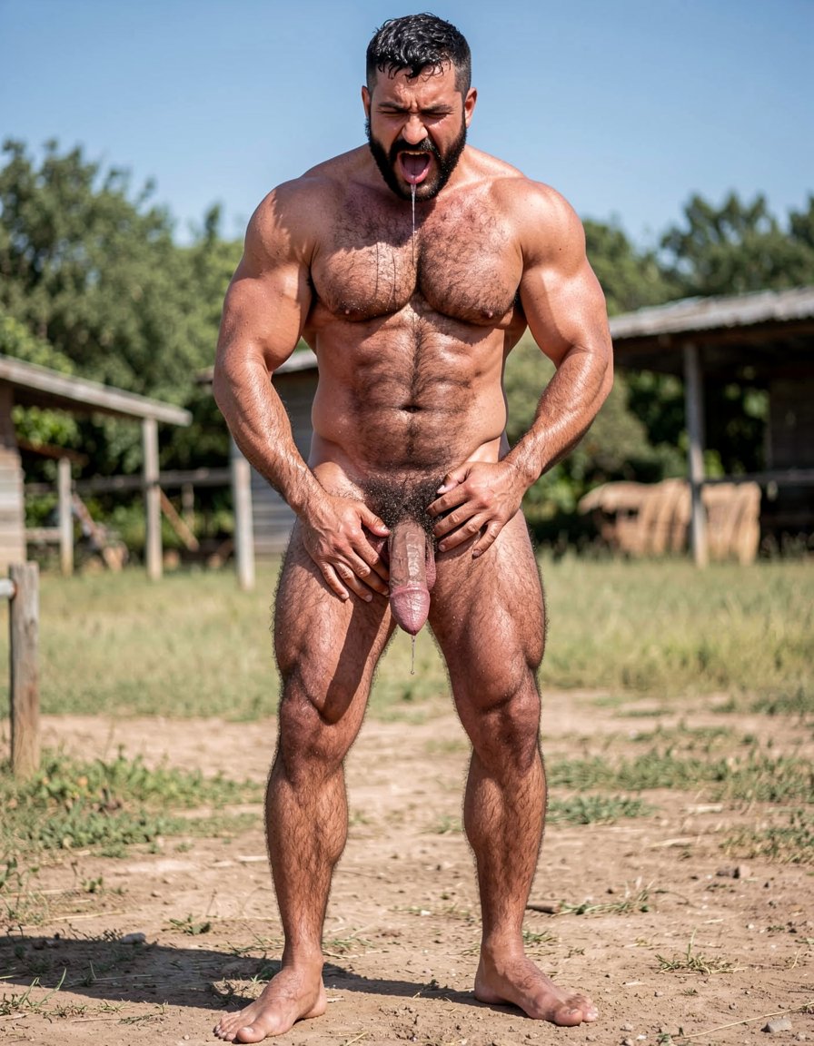 A perfectly framed full-body photorealistic image of Gayon Von Neumann standing completely naked outdoors in bright natural daylight, shot from a low angle starting from his feet and going all the way up to the top of his head. His big, strong bare feet are planted firmly on the dirt ground, toes gripping the earth. Powerful hairy calves and thick muscular thighs lead up to his heavy low-hanging hairy balls and massive erect cock. Both of his large veiny hands are wrapped tightly around his 35cm long, 9.5cm thick dark veiny shaft, stroking it slowly and firmly with realistic motion. The heavy foreskin is pulled halfway back exposing the huge swollen purple-red glans dripping thick strings of precum.

From there the view continues naturally up his dense wild black pubic bush, deeply carved sweaty eight-pack abs, thick hairy pecs with visible striations, wide vascular shoulders, thick neck with prominent Adam’s apple, and finally his arrogant face: square jaw, thick black chevron mustache, half-lidded dark eyes looking down with superiority and lust, mouth open in raw pleasure letting out a deep grunt. Every inch of his 1.85m, 80kg dry muscular body is visible from feet to head, covered in natural dense black body hair, glistening with real sweat under harsh sunlight. Raw, masculine, photorealistic rural alpha male jerking off outdoors with zero cropping and maximum detail from soles to scalp.