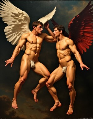 Pintura renacentista. calidad fotográfica. Siglo XVI. Hombres desnudos muy fornidos y musculosos volando con alas, uno es un ángel y el otro un diablo, tienen los penes erectos visibles, el diablo fuerza al Ángel a la lujuria,   la composición tiene los colores y el aspecto de un óleo renacentista, se ven los penes visibles y erectos