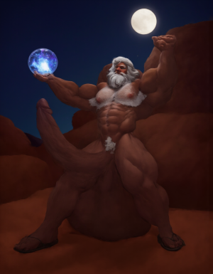 Enrique es un hombre muy delgado de 50 años, tiene cabello largo con canas blancas, tiene barba blanca abundante y larga. Está totalmente desnudo, en su mano derecha lleva una bola de 10 cm de diámetro de cristal mágica y está iluminada de donde sale un pene erecto y sus dos testículos, tiene la mano izquierda elevada hacia cielo señalando a la Luna. Enrique tiene un cuerpo muy delgado con músculos marcados y definidos. 💪🏼. Tiene un pene erecto de 36,8 cm de longitud y 7,9 cm de diámetro. Tiene mucho vello corporal blanco en su pecho, tiene mucho vello en sus brazos y tiene mucho vello en sus piernas. Está en la arena del desierto entre grandes dunas de arena color terracota. Tiene la piel morena bronceada por el Sol. Tiene sandalias en sus pies. Está mirando a la Luna mientras levanta la palma de la mano derecha señalando la Luna 🌓 . Tiene la boca entreabierta. Tiene pene erecto perfecto