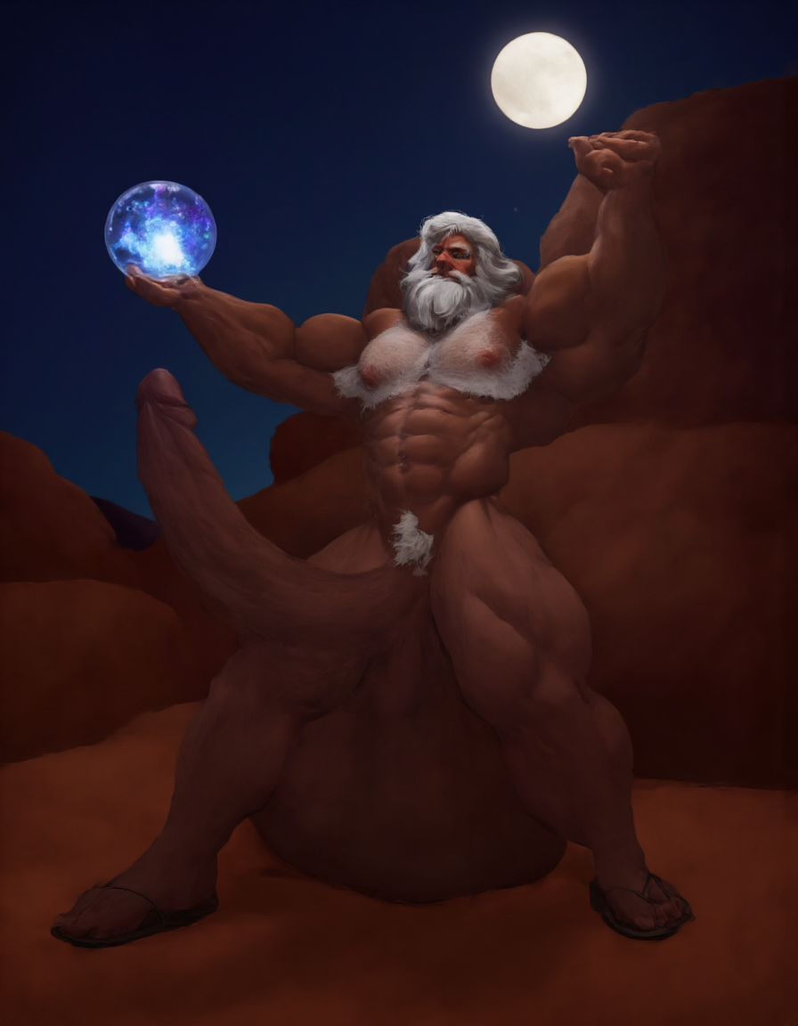 Enrique es un hombre muy delgado de 50 años, tiene cabello largo con canas blancas, tiene barba blanca abundante y larga. Está totalmente desnudo, en su mano derecha lleva una bola de 10 cm de diámetro de cristal mágica y está iluminada de donde sale un pene erecto y sus dos testículos, tiene la mano izquierda elevada hacia cielo señalando a la Luna. Enrique tiene un cuerpo muy delgado con músculos marcados y definidos. 💪🏼. Tiene un pene erecto de 36,8 cm de longitud y 7,9 cm de diámetro. Tiene mucho vello corporal blanco en su pecho, tiene mucho vello en sus brazos y tiene mucho vello en sus piernas. Está en la arena del desierto entre grandes dunas de arena color terracota. Tiene la piel morena bronceada por el Sol. Tiene sandalias en sus pies. Está mirando a la Luna mientras levanta la palma de la mano derecha señalando la Luna 🌓 . Tiene la boca entreabierta. Tiene pene erecto perfecto