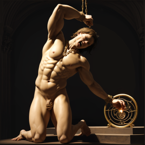 scena artística inspirada en la proporción áurea y la espiral de Fibonacci. Un hombre musculoso, desnudo, atado con correas de cuero y cadenas, se muestra en un momento de dolor y placer intensos. Su expresión facial transmite éxtasis y sufrimiento al mismo tiempo. La iluminación es de claroscuro dramático, estilo renacentista, con sombras barrocas muy marcadas. Fondo con geometría sagrada, cuerpos celestes alineados siguiendo la espiral dorada. Explosión de luz cósmica detrás del cuerpo, como si el universo se abriera. Textura de pintura al óleo, detalles ultra definidos. Composición circular que sigue la secuencia Fibonacci. Estética inspirada en el Marqués de Sade, con bondage ornamental. Escena surrealista, potente y simbólica. 8K.