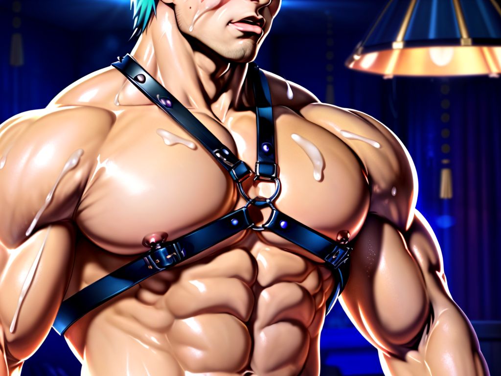 A muscular man wearing a leather harness, his body glistening under the dim lights of a private room, showcasing his strong physique. His cheeks are flushed, and his expression is one of pleasure as he revels in the moment, with traces of fluid glistening on his skin, emphasizing the intensity of the experience. The atmosphere is charged with desire, creating an evocative scene filled with raw sensuality.