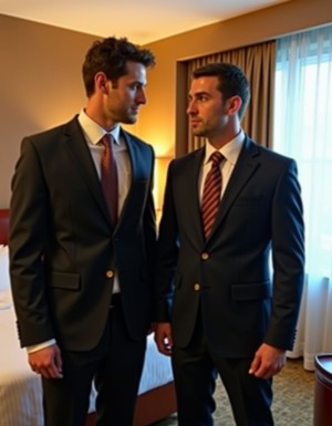 There are two suited guys in a room in a hotel. One of the suited guys wants to control the other so he takes charge and gets the other suited Guy tie 