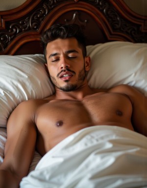 Un joven extremadamente delgado de 25 años, con una complexión atlética, está tumbado en una cama de estilo barroco, y decoración barroca de la habitación, con sábanas de seda blanca, completamente desnudo. Su cuerpo muestra una definición muscular notable, con venas visibles bajo su piel suave y bronceada. Su cabello es rubio y despeinado, y su rostro tiene una expresión de relajación y satisfacción.

El joven está acostado boca arriba con las piernas abiertas, mostrando su cuerpo en una pose sensual y abierta. Su ano está expuesto y parece estar relajado, con una ligera separación de los músculos, como si estuviera disfrutando de un momento de placer.

El ano del joven está lleno de semen, que brilla ligeramente bajo la luz suave de la habitación. El semen parece estar fresco y viscoso, y se puede ver cómo se desliza lentamente hacia abajo por las nalgas del joven, dejando un rastro brillante y pegajoso.

La cama está desordenada, con sábanas y mantas arrugadas y tiradas en todas direcciones, lo que sugiere una sesión de pasión intensa y apasionada. El joven parece estar sumido en un estado de relajación y satisfacción, con los ojos cerrados y una sonrisa leve en su rostro.

La imagen es hiperrealista, con detalles precisos y texturas realistas, lo que la hace parecer una fotografía de alta calidad. La iluminación es suave y cálida, con sombras profundas que resaltan la forma y la textura del cuerpo del joven.