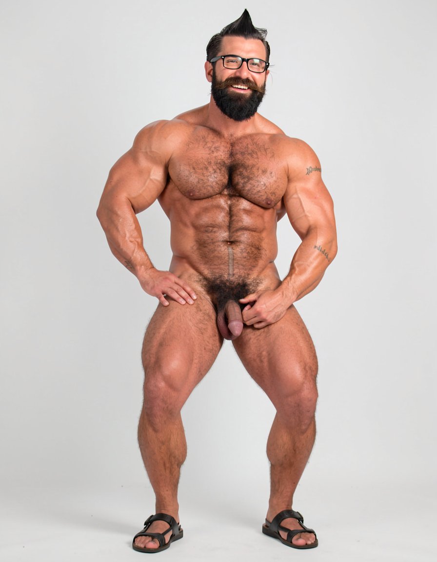 Hipsterbarba, soy Hipsterbarba un hombre de 40 años de edad y de complexión fuerte y atlética, con una estética claramente de muscle bear maduro pero delgado sin barriga y 8% de grasa y muy cuidado. Mi piel es morena clara, ligeramente bronceada, y brilla bajo la luz con un tono cálido; tengo una constitución musculosa de competición, con una capa de 8% de grasa que me da un aspecto potente y masculino; mido 180 cm de altura y peso 80 kg de músculo sólido.
En mi pecho tengo pectorales desarrollados y redondeados, con una clara separación en el centro; el pectoral derecho e izquierdo están bien marcados, con una forma que denota años de press y trabajo en banco; los pezones son grandes, oscuros y ligeramente apuntados.
Tengo un abdomen fuerte con cuatro bloques superiores bien visibles y unos oblicuos marcados que dan forma de V en la cintura; mi abdomen es un Six-pack completamente seco muy definido y marcado y potente; .
Tengo hombros anchos y redondeados con deltoides bien desarrollados; los brazos son musculosos, especialmente los bíceps que muestran una clara curva cuando están relajados, los tríceps tienen buena definición y los antebrazos son fuertes y venosos, los brazos muestran una vascularización prominente con venas marcadas.
Tengo piernas con cuádriceps potentes, con buena separación entre vasto externo e interno y los aductores también están desarrollados.
Tengo una espalda ancha que crea el clásico efecto de “cuerpo en V”, y tengo dorsales potentes.
Tengo un vello corporal denso, oscuro y masculino y tengo la línea alba en el centro del abdomen que refuerza una estética masculina; El pecho está completamente cubierto por vello negro denso y oscuro que baja en forma de trail central muy marcado hasta el ombligo y desde el ombligo desciende hacia el pubis; los hombros y la parte superior de los brazos también están poblados de vello oscuro; el abdomen tiene pelo más fino pero bien visible, concentrado en la línea media, la zona púbica es muy espesa y oscura, y el vello continúa por los muslos.
Llevo un peinado moderno con el pelo largo de punta recto hacia arriba muy cuidado con los laterales y nuca muy cortos, mientras que la parte superior está peinada hacia arriba de punta con algo de volumen y un toque hipster.
Tengo una barba que es mi rasgo más característico, es una barba Bandholz completa, muy densa, oscura negra con algunos reflejos castaños, espesa y bien cuidada que llega casi hasta la mitad del pecho. Es voluminosa pero perfilada.
Tengo bigote grueso que se integra perfectamente con la barba, cubriendo totalmente el labio superior con un estilo clásico y masculino, es un bigote poblado donde los extremos son más largos que el centro y estos pelos largos están peinados hacia los lados y luego se curvan hacia arriba de forma circular en espiral.
Tengo un pequeño tatuaje adaptado anatómicamente a la forma de la región braquial del brazo derecho con las letras de tamaño pequeño: hipsterbarba. 
Llevo gafas de pasta negra de estilo intelectual/hipster.
Mi polla es gruesa, de tamaño generoso incluso en estado flácido, con prepucio parcial y un glande rosado visible, los huevos son pesados y cuelgan bajos, también cubiertos de vello oscuro.
Tengo una postura de persona confiada, segura y firme, mirando directamente a cámara con expresión seria y dominante. Se se ven mis pies muy masculinos 
Tengo las piernas tensadas, tengo la polla erecta tiesa para arriba, estoy riendo. Rodeo con mi mano derecha el perímetro de mi pene. Tengo sandalias en mis pies 
