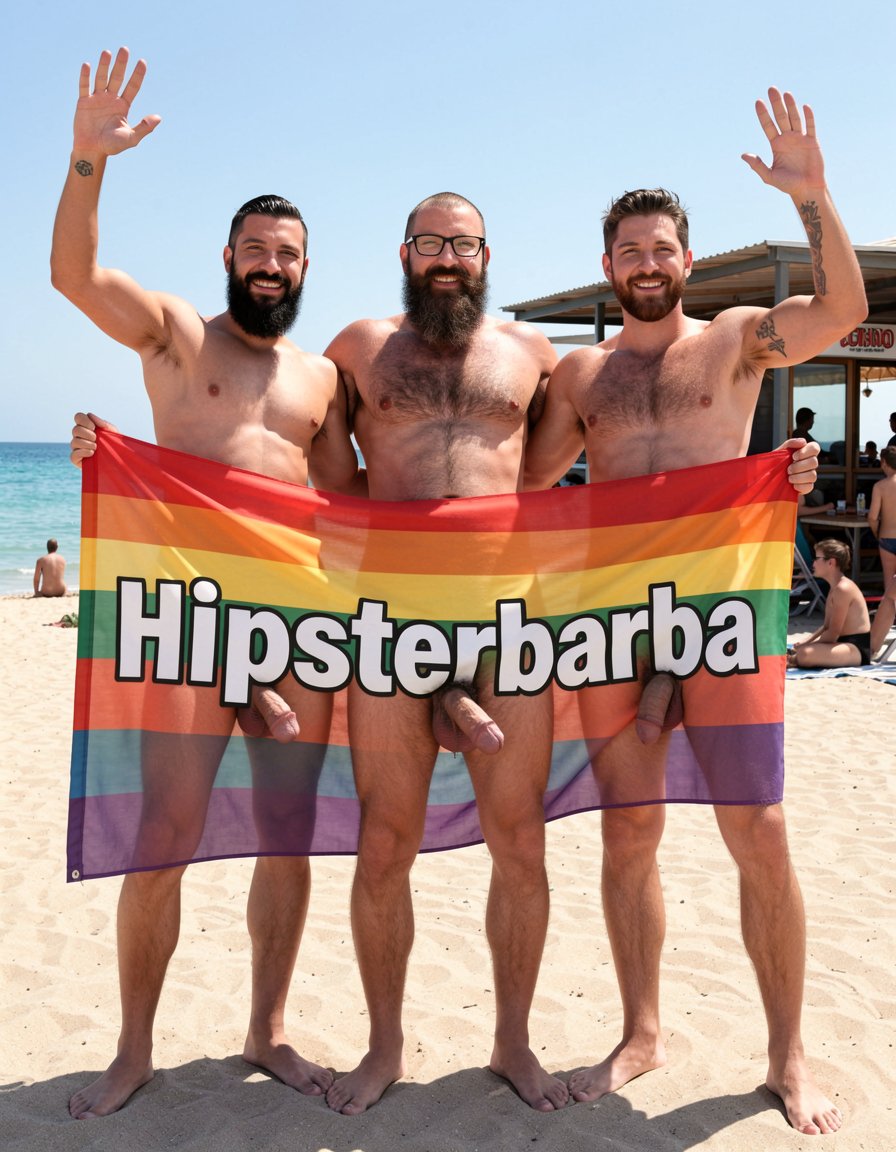 Fotografía hiperrealista tomada al mediodía en la arena de El Playazo, Vera Playa, Almería, justo delante del chiringuito El Pirata. Los tres estáis completamente desnudos, de pie uno al lado del otro, con sonrisas anchas y naturales, sujetando entre los tres una gran pancarta horizontal de tela que ondea con el viento. La pancarta está colocada exactamente a la altura de la cintura, cubriendo de la cintura para abajo, por lo que vuestras pollas gruesas y venosas, huevos peludos y parte superior de los muslos quedan totalmente expuestos y visibles por debajo de la tela.

La pancarta tiene un fondo con los colores del arco iris en franjas horizontales vibrantes (rojo, naranja, amarillo, verde, azul y morado) y el texto escrito en letras grandes y blancas con borde negro: “Hipsterbarba”, con la “H” en mayúscula y el resto en minúsculas.

Hipsterbarba estás en el centro: 40 años, 1,80 m, 80 kg, 8% de grasa, six-pack completamente seco y muy marcado, pectorales redondeados y separados, pecho cubierto de vello negro denso con línea alba visible y trail desde el ombligo hasta el pubis, hombros anchos, brazos vascularizados, barba Bandholz larguísima y perfectamente cuidada que llega casi al ombligo, bigote poblado con puntas largas curvadas en espiral hacia arriba, gafas de pasta negra, pelo en high fade undercut, pequeño tatuaje “hipsterbarba” en la región braquial del brazo derecho, polla gruesa y hermosa de 19 cm con prepucio parcial y glande rosado visible, huevos grandes y peludos colgando. Levantáis la mano derecha con la palma abierta saludando a la cámara con gesto amistoso y cara de satisfacción.

A tu izquierda está Erik: 38 años, complexión fuerte, barba negra espesa, músculos bien definidos, polla gruesa de 19 cm completamente expuesta bajo la pancarta. También saluda con la mano derecha levantada y sonrisa amplia.

A tu derecha está Ferran: 36 años, barba castaña más corta, cuerpo atlético y peludo, polla de 17 cm también visible bajo la pancarta. Saluda igualmente con la mano derecha y expresión alegre.

Los tres miráis directamente a la cámara con buena vibra, músculos tensos y piel ligeramente brillante por el sol. La pancarta arcoíris ondea con elegancia, el mar turquesa brilla al fondo y la terraza del chiringuito El Pirata se ve detrás con algunos nudistas observando la escena. Iluminación perfecta de mediodía, texturas hiperrealistas de piel, vello individual, tela moviéndose y colores vivos. Imagen corregida, más nítida, con mejor composición y mayor detalle en todos los elementos.