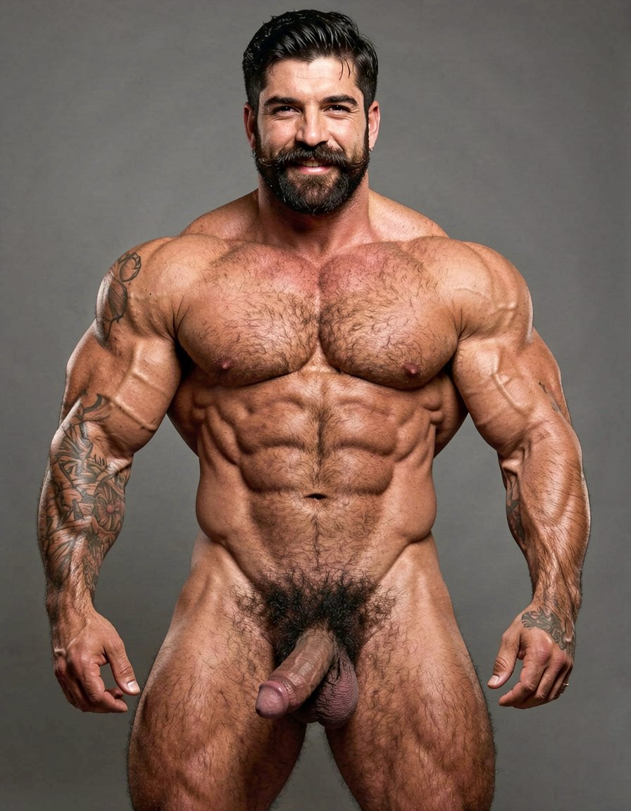 A powerful 35-year-old rural alpha male, 1.85m tall, 80kg, extremely dry and fibrous with 5% body fat, pure hard muscle that looks imposing. Square, hard masculine face with very prominent wide jaw, marked chin, high square cheekbones, slightly wrinkled forehead from frowning. Thick well-groomed black mustache with perfect alignment but noticeable volume, dense black eyebrows almost meeting in the center, small dark penetrating eyes with cold, disdainful, naturally arrogant look full of contempt. Straight somewhat wide nose, thin lips with permanent superior and arrogant expression as if about to spit on you. When he smirks sideways the mustache twists and deep wrinkles form on his cheeks making him look even more of a bastard. Sun-tanned golden skin with warm glow. Completely hairy torso covered in dense rough black hair that swirls thickest around dark hard nipples, wide shoulders and narrow waist in a perfect dominant triangle shape. Thick treasure trail of black hair running down defined abs, exploding into wild thick messy black pubic bush that covers the entire pubic area, surrounds the base of his heavy thick cock and climbs several centimeters up the lower belly and into the groin. Arms covered in black hair from shoulders to wrists, especially dense on forearms. Very hairy back and shoulders too. Massive 26cm even flaccid cock, 7cm thick diameter, heavy and hanging low between muscular thighs, dark brown skin tone darker than the rest of his body, heavily veined with one thick prominent vein running along the top, slightly rugose texture, very generous thick fleshy foreskin that completely covers the head forming a long heavy overhang with darker rim and shiny moisture visible at the opening. Large mushroom-shaped glans in dark pink-purple with very pronounced corona and wide piss slit, thick fleshy frenulum lighter in color. Heavy low-hanging scrotum with large balls, dark wrinkled skin completely covered in thick curly black hair, balls move freely inside the sack. Round high muscular ass with firm cheeks covered in black hair on top and between them, small tight hole surrounded by a visible ring of finer black hair. Extremely muscular veiny arms with big calloused working hands, high round biceps that bulge like hard balls with thick vein on top, very defined triceps with visible horse shoe, thick wide forearms full of cord-like veins, dense black hair on outer forearms. Powerful legs built for hard work and hard fucking: dense thighs with bulging vastus lateralis, separated quad sweeps, visible veins running from groin to knee, rock-hard hamstrings and defined tendons, diamond-shaped calves with two distinct hard heads covered in black curly hair. Dense rough black hair all over legs, thicker on upper thighs. Overall extremely dominant, arrogant rural stud with cold superior stare, thick black mustache and permanent smirk that says he owns you. Photorealistic, highly detailed, sharp focus, dramatic lighting that highlights every muscle, vein and hair.