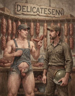  Es una chacuteria, aparece un hombre charcutero con un mono de tirantes y gorra, es muy musculoso y muestra sus pechos con grandes pezones.  saca su gran pene erecto  por la bragueta, tiene una salchicha en su mano que ofrece al cliente, la salchicha se asemeja a un pene. El cliente es un señor vestido de mecánico, con casco en la mano. Detrás hay baldas llenas de  salsichas con forma de gandes penes, algunas están colgadas de la pared.. Arriba hay un cartel en que pone en lentas antiguas CHARCUTERÍA.