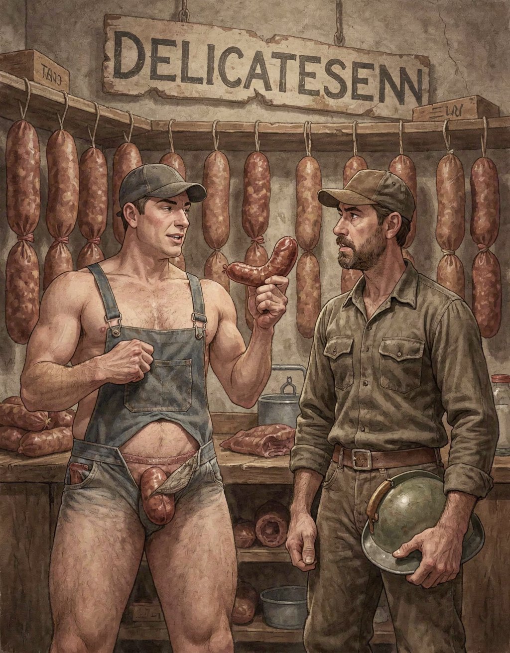  Es una chacuteria, aparece un hombre charcutero con un mono de tirantes y gorra, es muy musculoso y muestra sus pechos con grandes pezones.  saca su gran pene erecto  por la bragueta, tiene una salchicha en su mano que ofrece al cliente, la salchicha se asemeja a un pene. El cliente es un señor vestido de mecánico, con casco en la mano. Detrás hay baldas llenas de  salsichas con forma de gandes penes, algunas están colgadas de la pared.. Arriba hay un cartel en que pone en lentas antiguas CHARCUTERÍA.