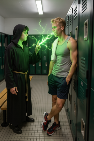 A hooded figure in a black tunic cinched by a golden cord points a finger toward a blond man leaning against some green lockers, generating beams of bright green energy that illuminate their faces and the locker room hallway. The man, dressed in a gray tank top, blue sports shorts, and black sneakers with red details, maintains a relaxed posture with one hand in his pocket while receiving the magical discharge near his chest. The environment is reminiscent of a school locker room or gym, with wooden benches, tile floor, fluorescent light on the ceiling, and rows of metal lockers that reinforce the fantastic and supernatural atmosphere.