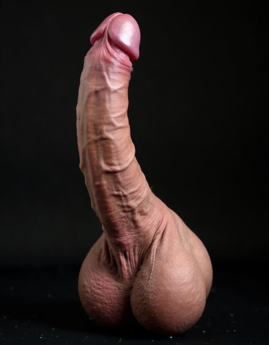 Un pene erecto de treinta y seis centímetros de longitud y ocho coma cinco centímetros de diámetro apuntando hacia arriba y ligeramente a la derecha, tiene el tronco grueso y venoso con venas retorcidas recorriéndolo desde la base hasta el glande que es grande y rosado y también está hinchado y brillante y está completamente expuesto, goteando líquido preseminal, tiene testículos enormes gordos y pesados que cuelgan hasta muy bajos con un escroto relajado y oscurecido y bronceado. Imagen hiperrealiata y de muy alta resolución 8K.