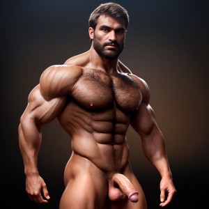 Hombre musculoso y velludo desnudo, pene muy pequeño, cuerpo definido, pelo corporal denso, mirada sensual, piel bronceada, músculos prominentes, postura confiada, fondo oscuro, iluminación suave, texturas realistas, detalles anatómicos precisos.