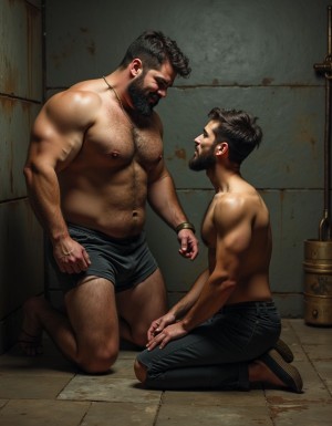 Forzudo pollo ofreciendo polla en una mazmorra a un sumiso de roddillas