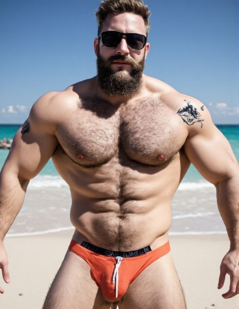 hipster en la playa, extremadamente musculoso con vello y cintura de avispa, tatuado, lleva barba larga, gafas de sol, es velludo y marca paquete con un ajustado bañador olímpico del que se le salen los huevos, fondo playero